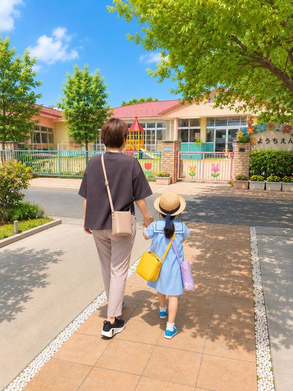保育園などへ上のお子さまをお迎えに行く様子